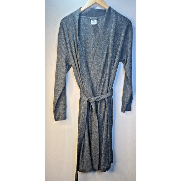 Lands' End Women's Grey ribbed Knee Length Robe Size Large 14 16 belted wrap - Picture 1 of 10